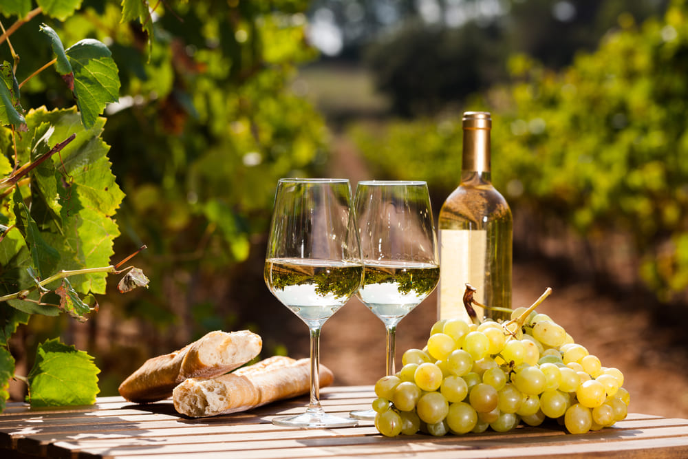sticla de vin alb langa chirchini de struguri albi